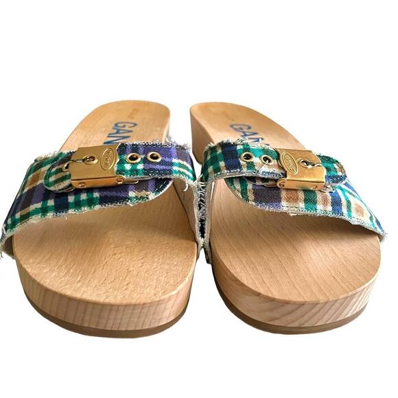 Ganni x Dr Scholls Slip On Pescura Heel Sandals Plaid Strap Blue Womens Sz 7 NEW - Picture 10 of 16